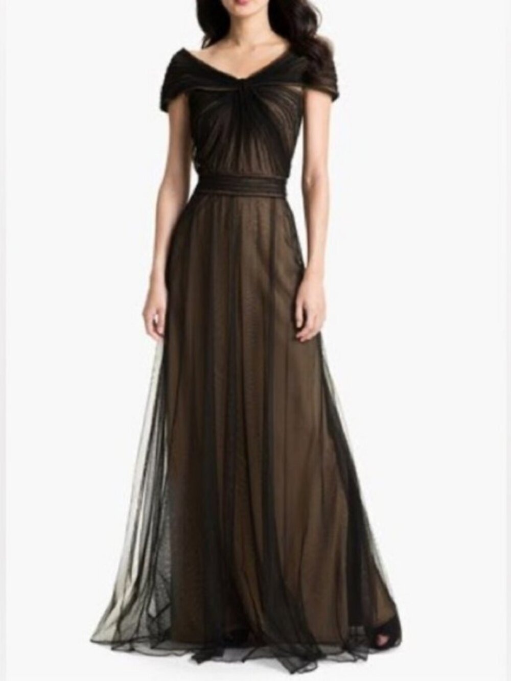 Tadashi Shoji Draped Twist Mesh Gown Black Formal Maxi Dress 6